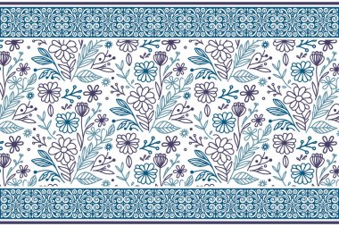 Mavi çiçekli sınır tekrarı. Çizim botanik yaprakları. En az bir çizgi tasarımı. Kusursuz çiçek çizgisi. Temiz tekstil sanatı. Zarif duvar kağıdı deseni