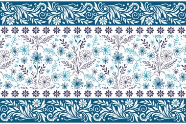 Mavi renkli tekstil arka planı. Kusursuz bir taç yaprağı. Ana hatlarıyla botanik sapları. Minimum çiçek tasarımı. Zarif nakış eskizi. modern moda sanatı