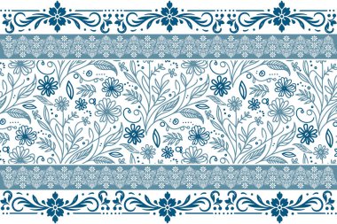 Mavi yastık çiçek deseni. Kusursuz botanik tasarımı. Minimum çizgi çiçekleri. Süslü sınır çizimi. Tek bir çizgi çizdim. modern tekstil tekrarı