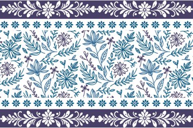 Mavi çiçekli kadın tekstil. Kusursuz el çizimi çizimi. Zarif sınır çizgisi. Botanik tekrarı. Temiz modern tarz. Çiçeksel dış plan