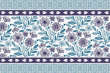 Mavi soyut çiçek deseni. Dikensiz çiçekler çiz. Temiz bir tekstil. Modern botanik sanatı. Çiçek sınırını çizin. el çizimi tekrarlama biçimi