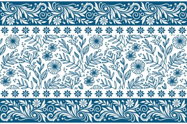 Mavi çiçek yaprağı dokusu. Kusursuz ana hatları var. Sınır çizgisi çiz. Minimum çiçek tasarımı. Zarif tekstil tekrarı. Botanik evi tekstili