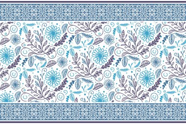 Mavi çiçekli soyut desen. Süslü tekstil duvar kağıdı. Kusursuz çizim çiçekleri. En az bir çizgi tasarımı. Botanik tekerrür elementleri. modern temiz sanat