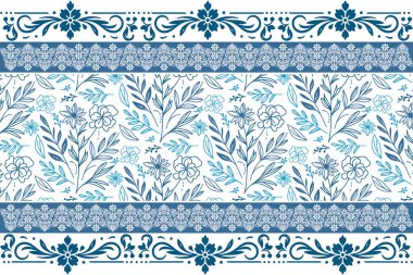 Mavi, kusursuz çiçek çizimi. Botanik tekrarı. Çiçek sapları çok az. Zarif tekstil sanatı. modern işlemeli arka plan. Bir sıra çiçek sınırı