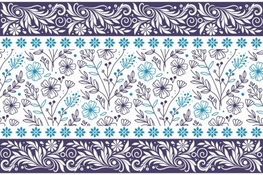 Mavi çizim çiçek yaprakları. Tekstil deseni. Kusursuz botanik çiçekleri. Zarif asgari sınır. Temiz nakış dokusu. el çizimi özet