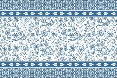 Mavi çiçek sapı tasarımı. Çiçek tekrarı yap. Tek bir çizgi kusursuz desen. Çok az botanik geçmişi var. Çiçeksel nakış dokusu. tekstil moda öğeleri