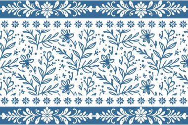 Mavi çizgili çiçek deseni. Çiçekli nakış eskizi. Botanik tekrarı. Kusursuz çiçek elementleri. Temiz modern arka plan. Zarif tekstil düzeni