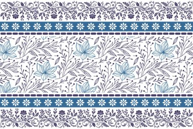 Mavi, temiz çiçek izi. Basit bir çiçek çizimi. Zarif sınır çizgisi. Kusursuz botanik tasarımı. Modern tekstil modeli. El çizimi çiçek tekrarı