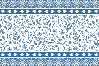Mavi bir çizgi çiçek. Kusursuz çiçekli nakış nakışı. Eskiz geçmişi çok az. Botanik doku örneği. Çiçeksel sınır unsurları. moda tekstil sanatı