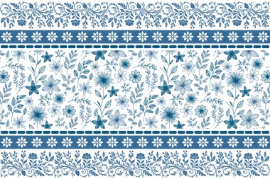 Mavi, pürüzsüz çiçek tekrarı. Minimalist çizgi yaprakları. Taslak yapraklar. Süslü çiçek elementleri. El yapımı tekstil. moda duvar kağıdı tasarımı