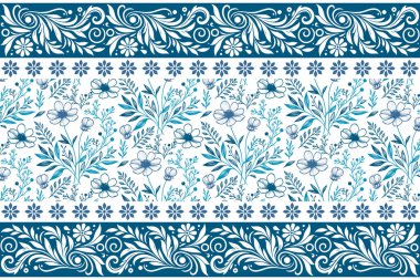 Mavi, pürüzsüz çiçek izi. Çiçeksel nakış dokusu. El yapımı botanik sanatı. Çiçeklerin ana hatlarını çiz. Temiz modern model. tekstil moda tasarımı