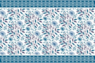 Mavi çiçekli tekstil tekrar. Süslü çiçekleri. Çizim botanik deseni. Minimum beyaz arkaplan. Zarif çiçek sapları. modern çizgi sanatı