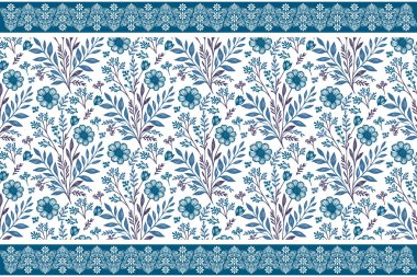 Mavi botanik taslak tarzı. Bir sıra çiçek sınırı. Çiçek taslak elementleri. Soyut çiçek deseni. Temiz çiçek tasarımı. tekstil dikişsiz duvar kağıdı