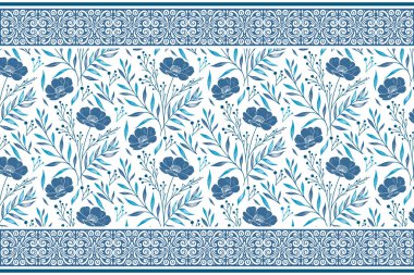 Mavi çiçekli nakış tasarımı. Hassas botanik sınırı. El çizimi çiçek ana hatları. Kusursuz tekrarlama kalıbı. Asgari çizgi elemanları. şık kadınlar giyer