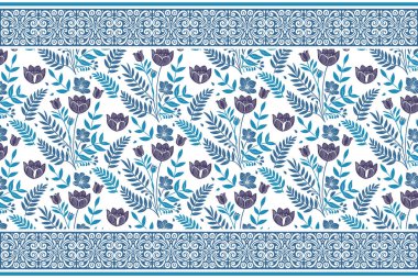 Mavi çiçekli kenar deseni. Süssüz dekoratif tasarım. El çizimi çiçek çizimi. Ana hatlarıyla botanik yaprakları. Bir sıra çiçek sanatı. modern tekstil arkaplanı