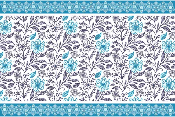 Mavi, pürüzsüz modern desen. Çiçeksel eskiz nakışı. Zarif botanik yaprakları. Bir sıra çiçek tasarımı. Taslak tekstil arka planı. Temiz moda dokusu