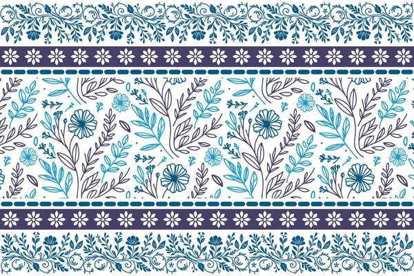 Mavi botanik tekstil tasarımı. Kusursuz çiçek çizimi. El çizimi taç yaprakları. Bir sıra nakışlı kenar. Modern tekrarlama kalıbı. Temiz çiçek sanatı