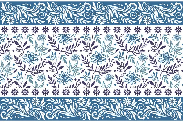 Mavi çiçekli duvar kağıdı. Bir çizgi çiçek çizimi. Minimum zarif taç yaprakları. Kusursuz tekrar. Botanik tekstil geçmişi. sınır çizgisi biçimi