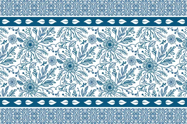 Mavi çiçekli desen düzeni. Kusursuz çizgi elementleri. Botanik çiçek skeci. Tek sıra modern sınır. Zarif kumaş. el çizimi arkaplan