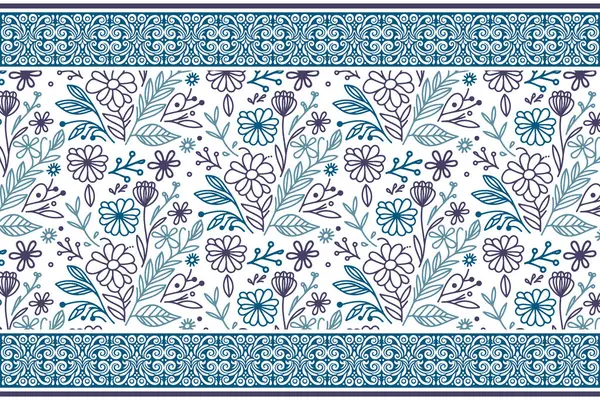 Mavi çiçekli sınır tekrarı. Çizim botanik yaprakları. En az bir çizgi tasarımı. Kusursuz çiçek çizgisi. Temiz tekstil sanatı. Zarif duvar kağıdı deseni
