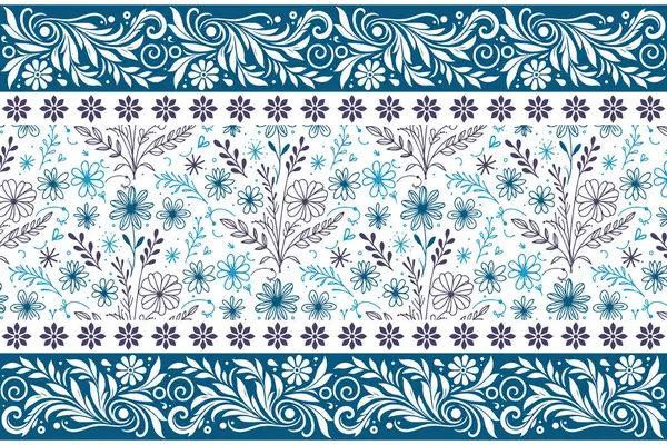 Mavi renkli tekstil arka planı. Kusursuz bir taç yaprağı. Ana hatlarıyla botanik sapları. Minimum çiçek tasarımı. Zarif nakış eskizi. modern moda sanatı