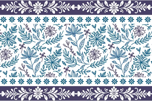 Mavi çiçekli kadın tekstil. Kusursuz el çizimi çizimi. Zarif sınır çizgisi. Botanik tekrarı. Temiz modern tarz. Çiçeksel dış plan