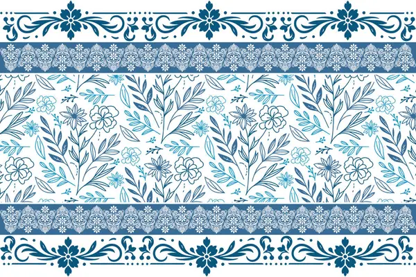 Mavi, kusursuz çiçek çizimi. Botanik tekrarı. Çiçek sapları çok az. Zarif tekstil sanatı. modern işlemeli arka plan. Bir sıra çiçek sınırı