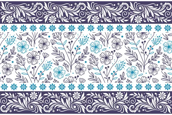 Mavi çizim çiçek yaprakları. Tekstil deseni. Kusursuz botanik çiçekleri. Zarif asgari sınır. Temiz nakış dokusu. el çizimi özet