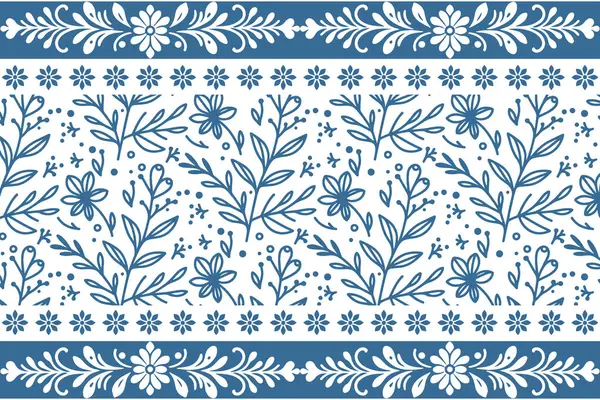 Mavi çizgili çiçek deseni. Çiçekli nakış eskizi. Botanik tekrarı. Kusursuz çiçek elementleri. Temiz modern arka plan. Zarif tekstil düzeni