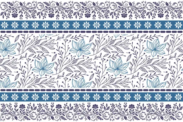 Mavi, temiz çiçek izi. Basit bir çiçek çizimi. Zarif sınır çizgisi. Kusursuz botanik tasarımı. Modern tekstil modeli. El çizimi çiçek tekrarı