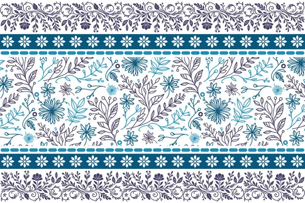 Mavi çiçek sınır çizimi. Botanik taslak çizimi. Bir sıra çiçek tekrarı. Kusursuz asgari doku. Elle çizilmiş zarafet. temiz tekstil arkaplanı