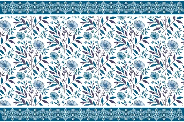 Mavi çiçekli tekstil tekrar. Süslü çiçekleri. Çizim botanik deseni. Minimum beyaz arkaplan. Zarif çiçek sapları. modern çizgi sanatı