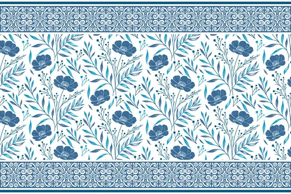 Mavi çiçekli nakış tasarımı. Hassas botanik sınırı. El çizimi çiçek ana hatları. Kusursuz tekrarlama kalıbı. Asgari çizgi elemanları. şık kadınlar giyer
