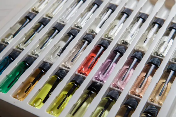 Masadaki makyaj çantasındaki farklı koku ve aromalı renkli parfüm şişeleri. Güzellik konsepti. Kadınsı bir kavram. Renkli konsept.