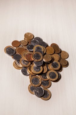 Gerçek para, Brezilya 'dan gelen para. Masanın üzerine para istiflenmiş, üstünde de siyah arka planlı kasvetli ve karanlık iklimli bir bozuk para var. Brezilya ekonomisi, yatırımlar, gelir. Brezilya para birimi 