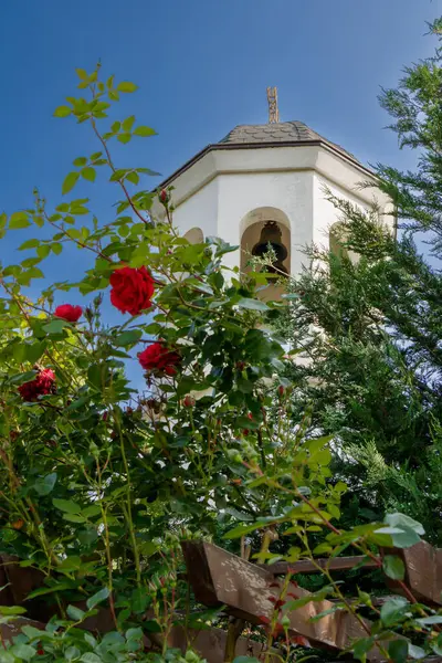 Alçak açılı bir bakış, beyaz çan kulesinin önünde açan kırmızı gülleri gösteriyor. Parlak mavi gökyüzü arka planda görünüyor, güneşli bir günü işaret ediyor..