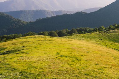 Yeşil çimlerle kaplı yuvarlanan tepeler, dağlarla çevrili olan uzaklığa kadar uzanıyor. Gün batımının yumuşak ışığı doğanın güzelliğini ve sükunetini arttırmak için manzaranın üzerine ılık bir parıltı saçar..