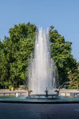 Çarpıcı bir çeşme, sakin bir parkta suyla, canlı ağaçların sahneyi çerçevelediği bir yerde patlıyor. Ziyaretçiler güneşli bir günde ferahlatıcı atmosferin tadını çıkararak doğada barışçıl bir geri çekilme yaratabilirler..