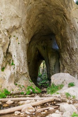 Göz kamaştırıcı bir doğal kaya kemeri canlı yeşil yaprakların arasında duruyor, yakınlarda yumuşak bir dere akıyor, tenha bir yerde huzurlu bir atmosfer yaratıyor..