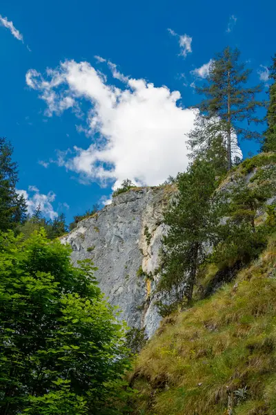 Yumuşak bulutlarla benekli, berrak mavi gökyüzüne karşı heybetli bir kayalık yükselir..