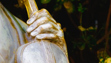 Bir kemanın boynunu kavrayan bir eli gösteren bronz bir heykelin yakından görüntüsü, sanatsal ayrıntıları ve ılık ışıkta metalik parçacıkları vurguluyor..