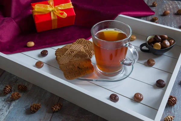 Cup Tea Spiced Bisquit Called Speculaas Tray Celebrate Het Heerlijk — Stock Photo, Image