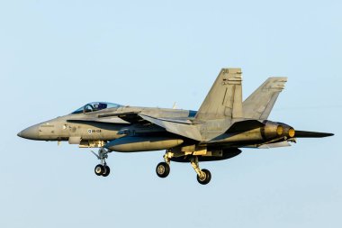 Leeuwarden, Hollanda 2 Nisan 2025: NATO tatbikatı sırasında Finlandiya Hava Kuvvetleri F / A-18 Hornet inişi