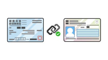 Bireysel Numarası Kartı (Numaram) ve Japon Halth Sigorta Kartı 'nın vektör çizimi. Japonya ID kapağı resmi. Entegrasyonu, bağlantıyı, değişimi açıkla. Metin, sigorta kartı demektir..