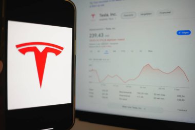 Roosendaal, Hollanda - 6 Nisan 2025: Tesla 'nın logosunu gösteren bir cep telefonu, Trump yönetiminin açıklamasının ardından son zamanlarda düşen hisse senetleri.