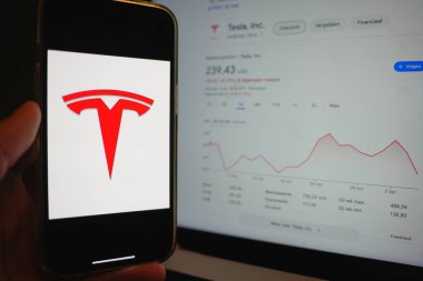 Roosendaal, Hollanda - 6 Nisan 2025: Tesla 'nın logosunu gösteren bir cep telefonu, Trump yönetiminin açıklamasının ardından son zamanlarda düşen hisse senetleri.