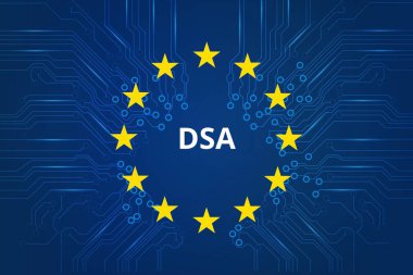 Avrupa Birliği tarafından başlatılan DSA (Dijital Hizmetler Yasası). Çevrimiçi güvenlik, içerik ılımlılığı ve platform şeffaflığı için yeni kurallar. Kavram.