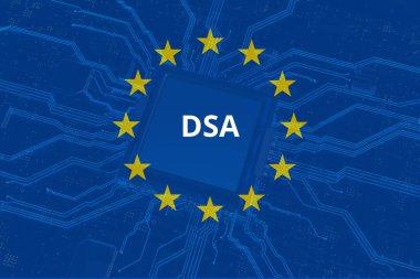 Avrupa Birliği tarafından başlatılan DSA (Dijital Hizmetler Yasası). Çevrimiçi güvenlik, içerik ılımlılığı ve platform şeffaflığı için yeni kurallar. Kavram.
