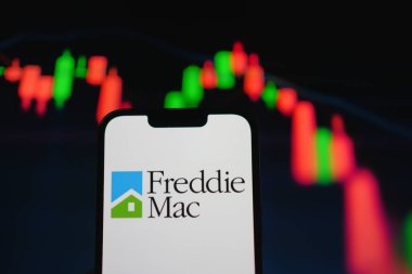 Roosendaal, Hollanda - 05 Ağustos 2025: Freddie Mac 'in şirket logosunu gösteren bir cep telefonu,.