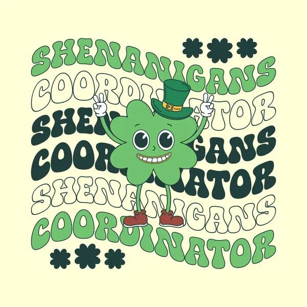 Komik Retro Groovy St. Patrick Günü Shenanigans Koordinatörü Tişört Tasarımı. Şirin Yonca Yaprak Karakteri Vektörü.